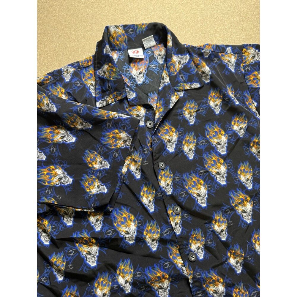 Anchor Blue Skull Flame Button‎ Down Shirt Size S  Biker y2k vtg reare